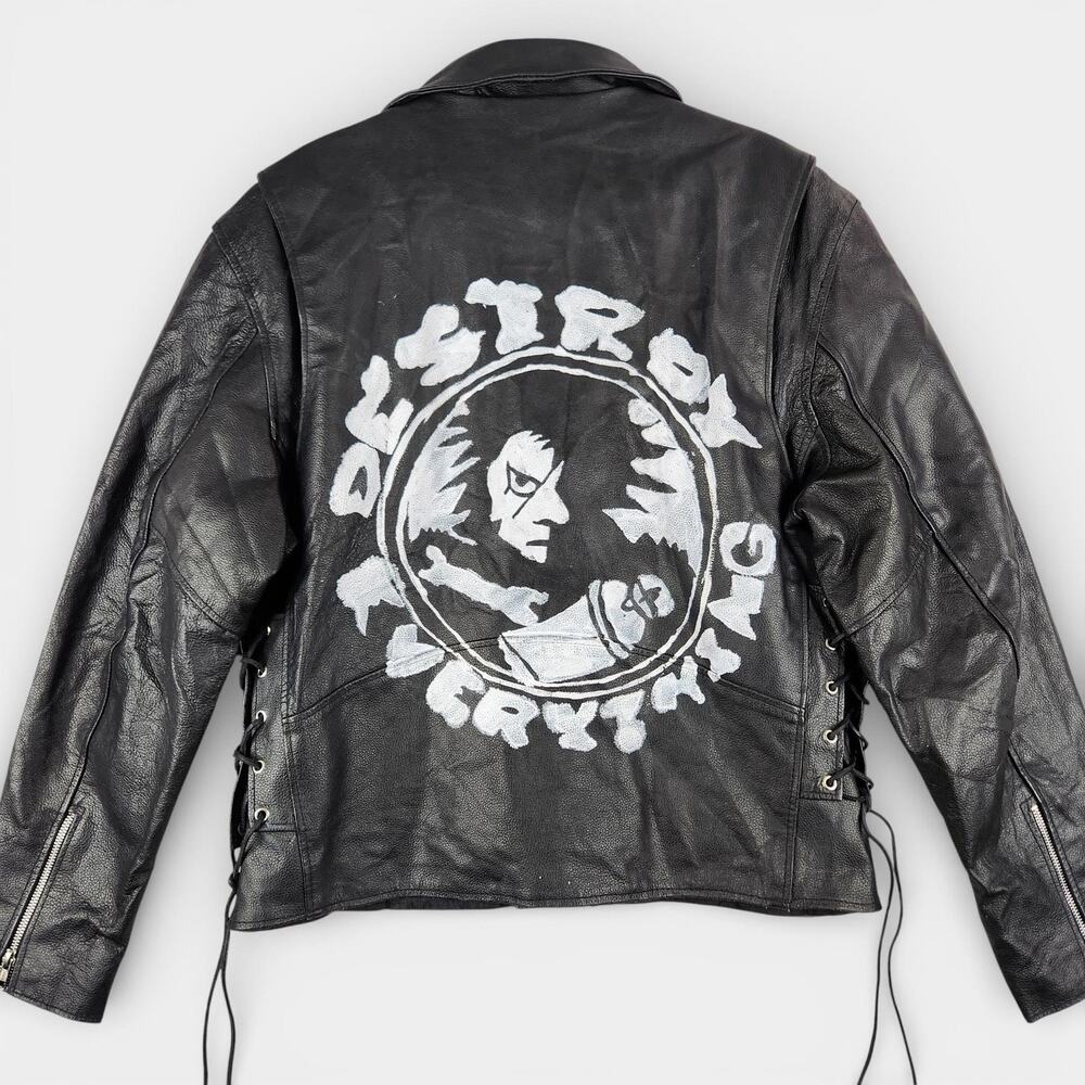Filth Destroy Everything Custom Leather Jacket Mens Large Black Motorcycle Metal